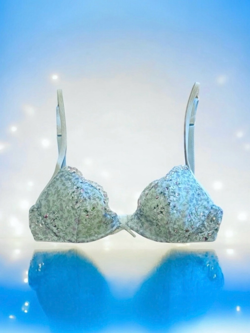 💞LA PERLA Stretch Leavers Underwire Bra • Baby Blue w/ Floral Lace Overlay • 32C